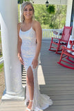 Backless Mermaid White Sequins Long Prom Dress, Evening Gown with Slit GP240