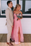 backless pink a line long prom dress tulle applique formal gown with split