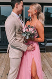 backless pink a line long prom dress tulle applique formal gown with split