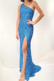 glitters one shoulder sequins mermaid prom dresses sparkly evening gown