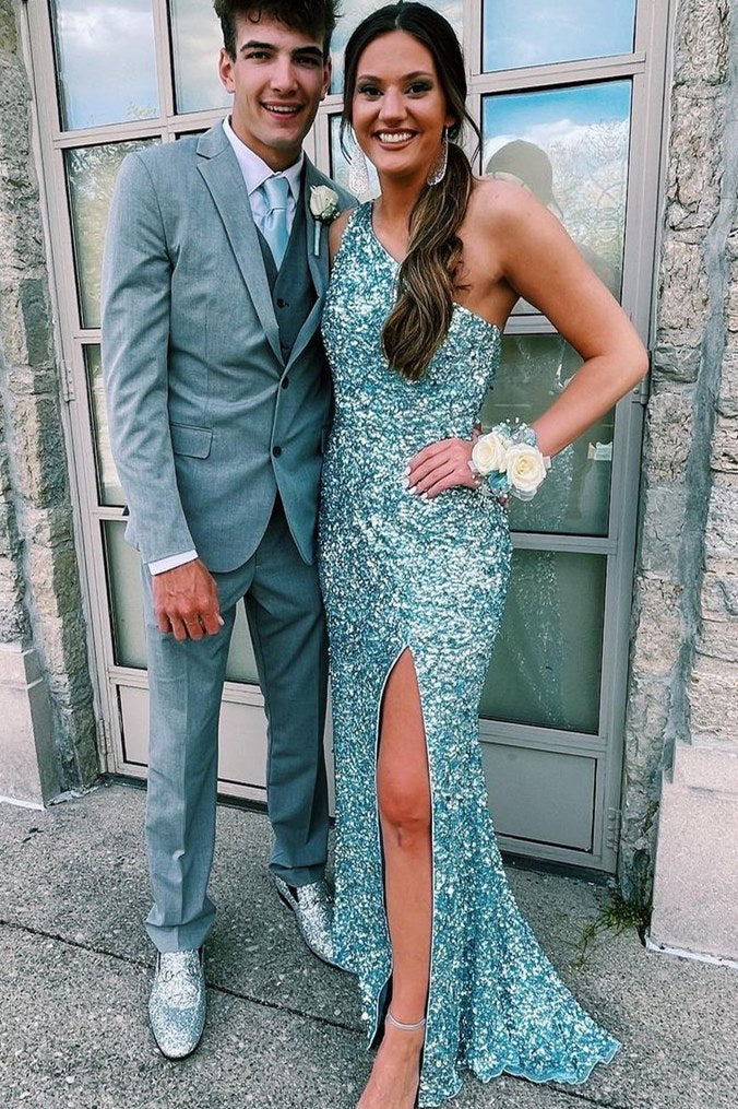 glitters one shoulder sequins mermaid prom dresses sparkly evening gown