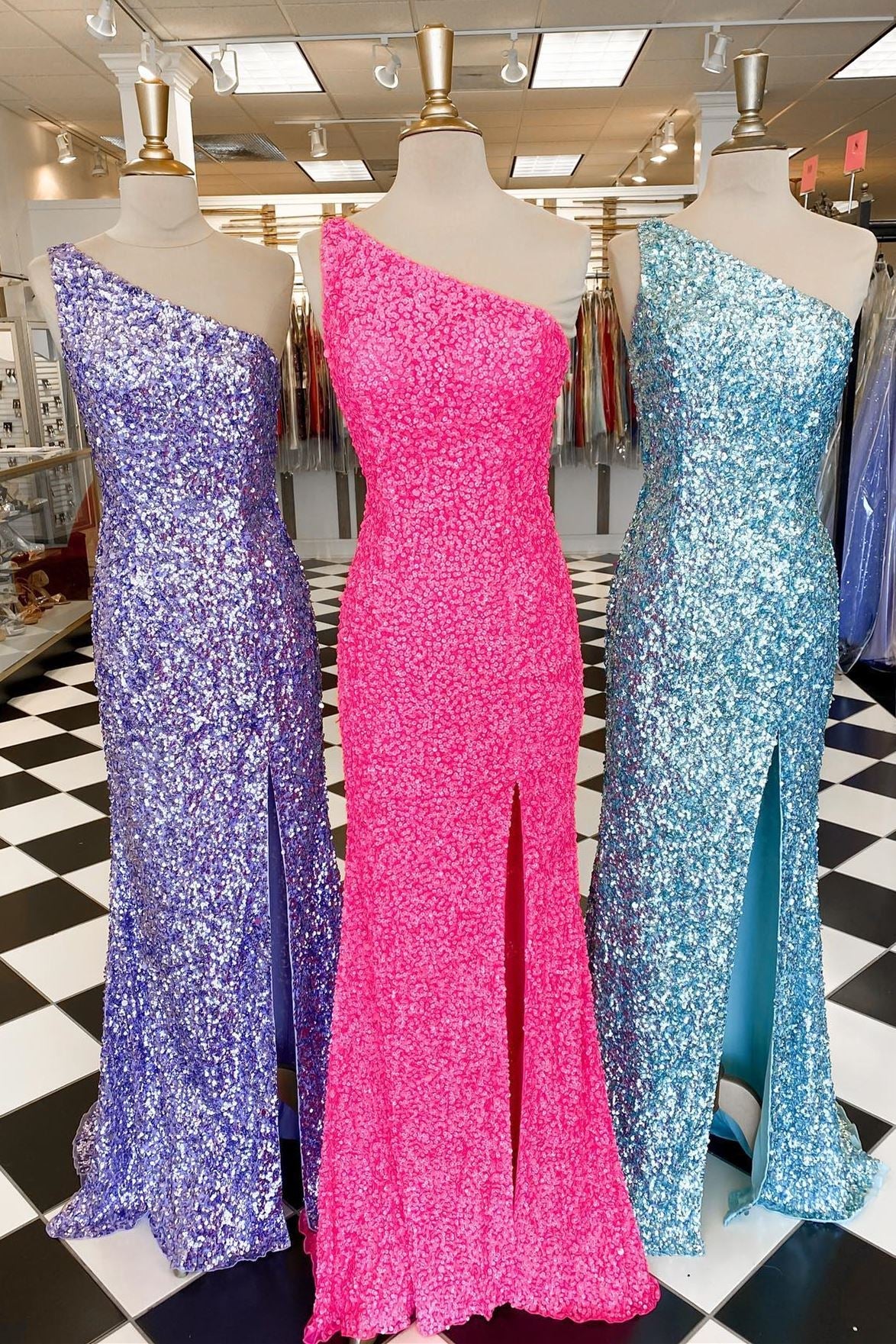 glitters one shoulder sequins mermaid prom dresses sparkly evening gown