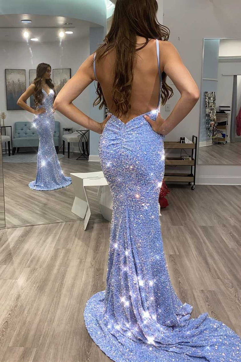 shiny blue sequins mermaid long formal dress