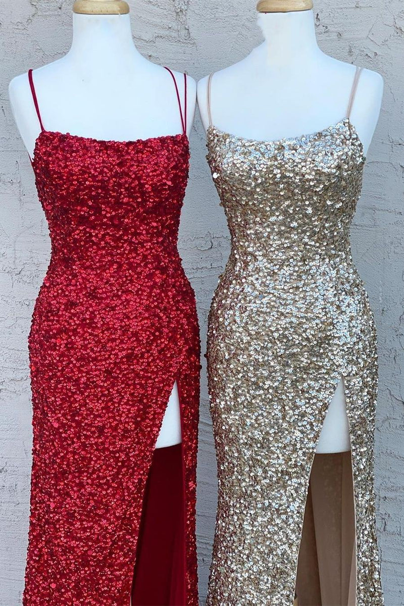 spaghetti straps sequins mermaid long prom dresses slit evening gown