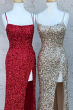 spaghetti straps sequins mermaid long prom dresses slit evening gown