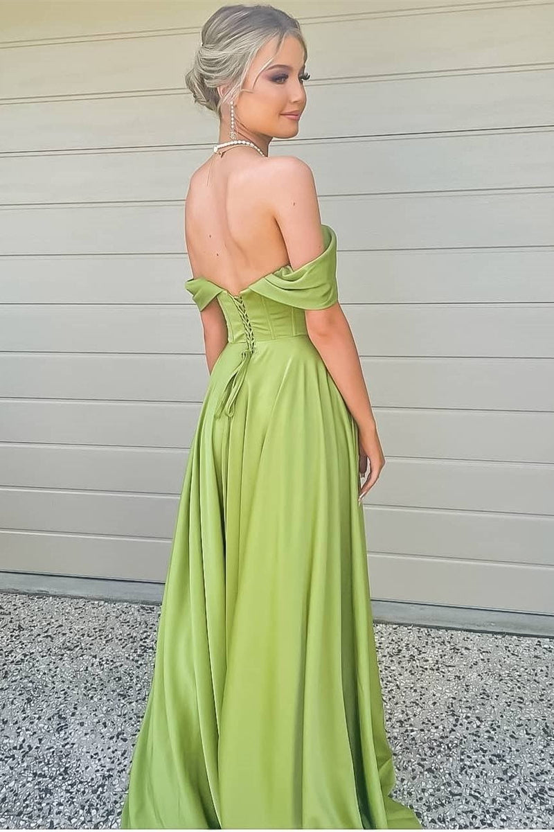 green off the shoulder high slit strapless prom dress elegant formal gown
