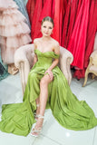 green off the shoulder high slit strapless prom dress elegant formal gown