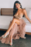 sweetheart tiered tulle long prom dress with lace long slit evening gown