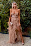 sweetheart tiered tulle long prom dress with lace long slit evening gown
