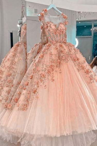 pink 3d flower see through tulle puffy ball gowns quinceanera dresses