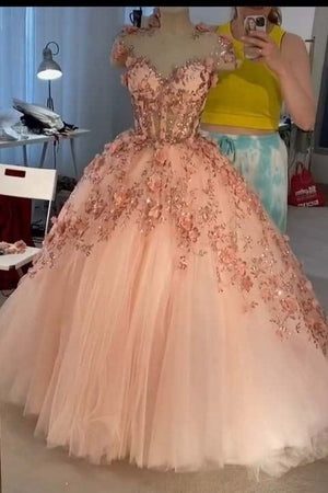 pink 3d flower see through tulle puffy ball gowns quinceanera dresses