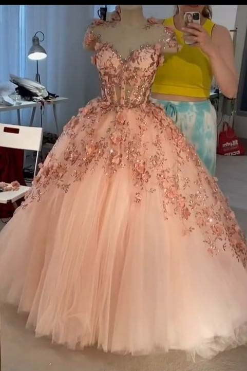 pink 3d flower see through tulle puffy ball gowns quinceanera dresses