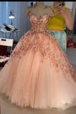 Pink 3D Flower See-through Tulle Puffy Ball Gowns Quinceanera Dresses GP350