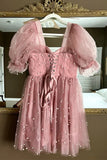 blush pink pearls corset short homecoming dress princess party dress