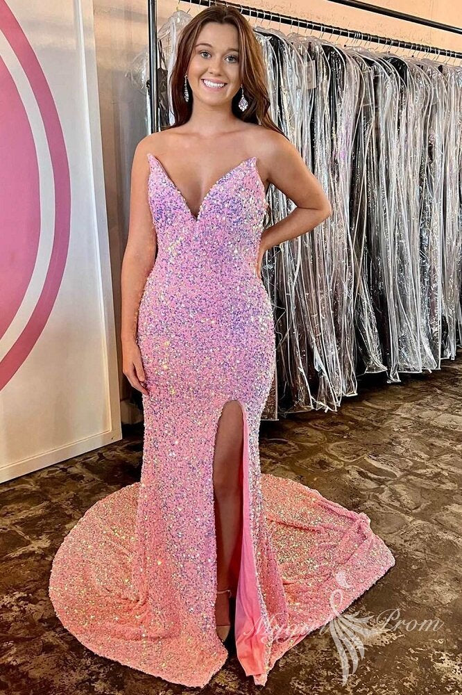 pink sequin mermaid long prom dress with slit long v neck evening dress