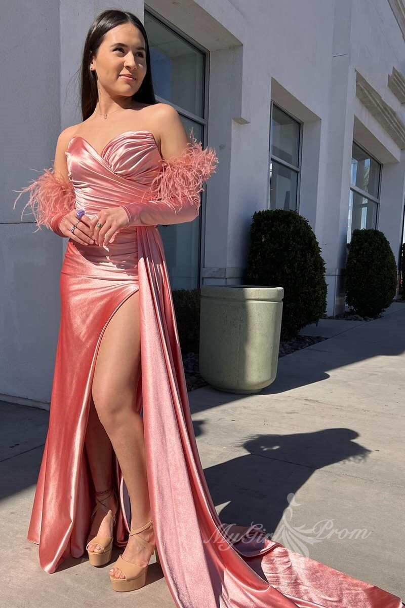 red sweetheart slit satin long prom dresses with detachable feathers sleeves