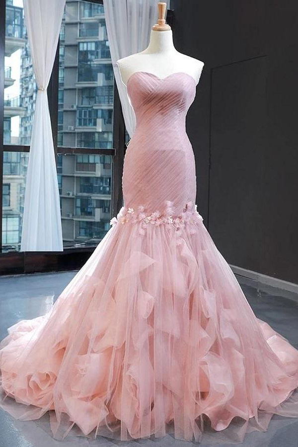 pink tulle princess strapless long prom dress with ruffles skirt 20081615
