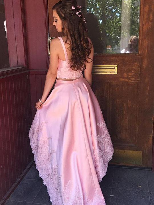 pink spaghetti straps v neck applique two piece hi lo homecoming dresses