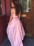 pink spaghetti straps v neck applique two piece hi lo homecoming dresses
