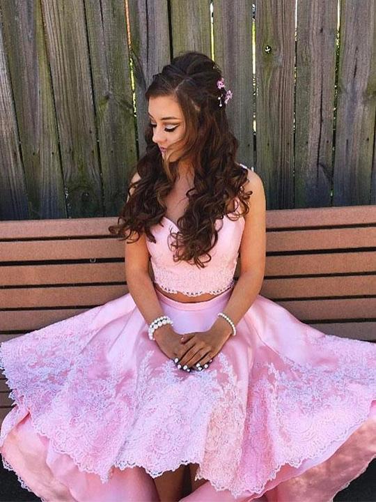 pink spaghetti straps v neck applique two piece hi lo homecoming dresses