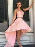 pink spaghetti straps v neck applique two piece hi lo homecoming dresses