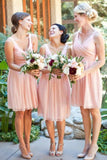 pink chiffon pleated bridesmaid dresses a line v neck knee length