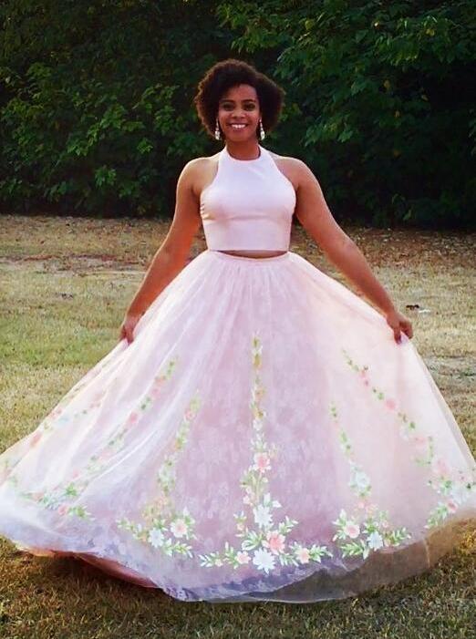halter sleeveless two piece floral long prom dresses