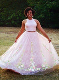 halter sleeveless two piece floral long prom dresses