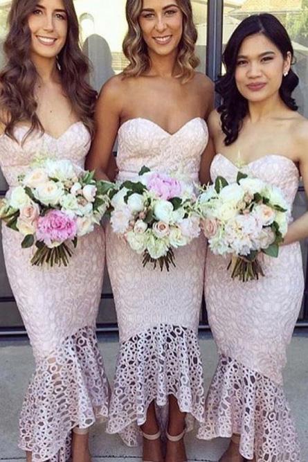pink high low mermaid lace bridesmaid dresses asymmetric party dresses
