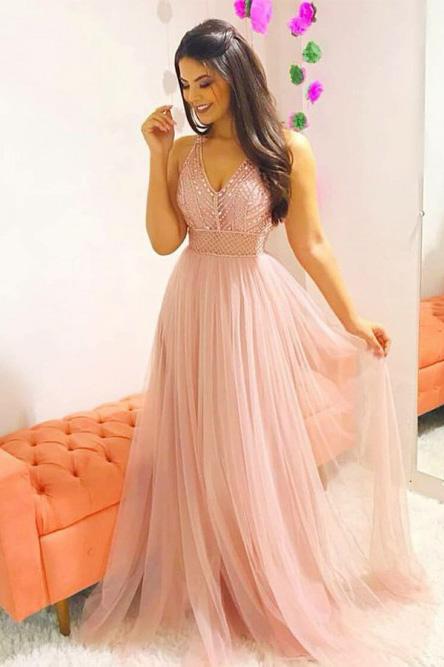 pink long prom dress a line v neck teens dress with beading