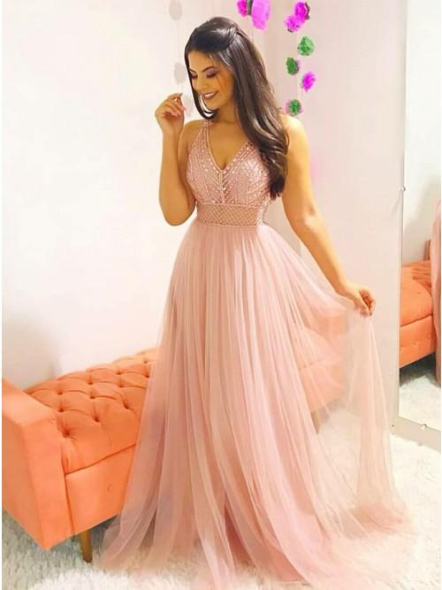 pink long prom dress a line v neck teens dress with beading