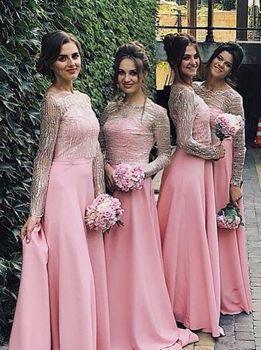 pink long sleeves off the shoulder satin bridesmaid dresses