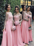 pink long sleeves off the shoulder satin bridesmaid dresses