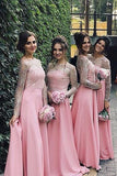 pink long sleeves off the shoulder satin bridesmaid dresses