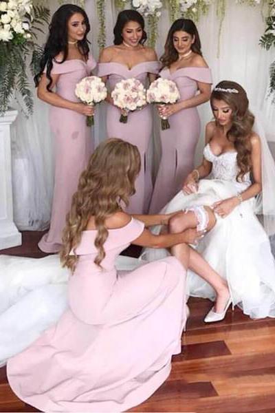 pink off the shoulder mermaid simple bridesmaid dress with split