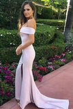 pink off the shoulder mermaid simple bridesmaid dress with split
