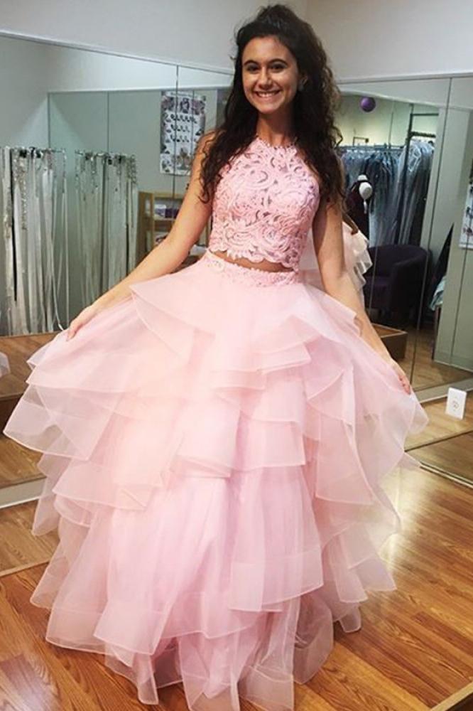 pink prom dress with lace bodice two piece sweet 16 ball gown with ruffled