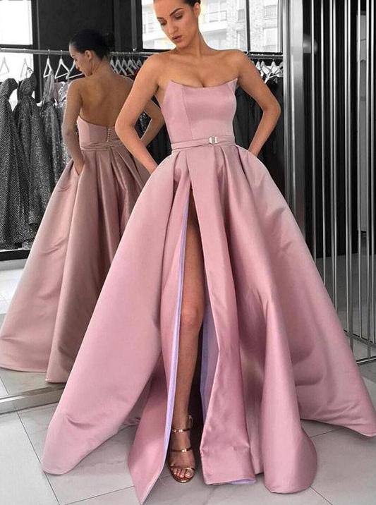 pink strapless prom dress a line long formal gown with high slit