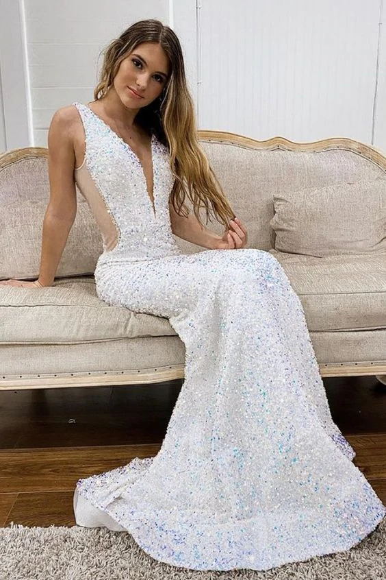 plunge white sequined mermaid long prom dress slit evening gown