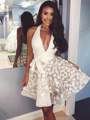 cute plunging halter neckline bowknot short prom party dress