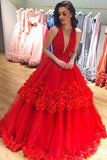 plunging neckline red ball gown tulle prom dresses with applique