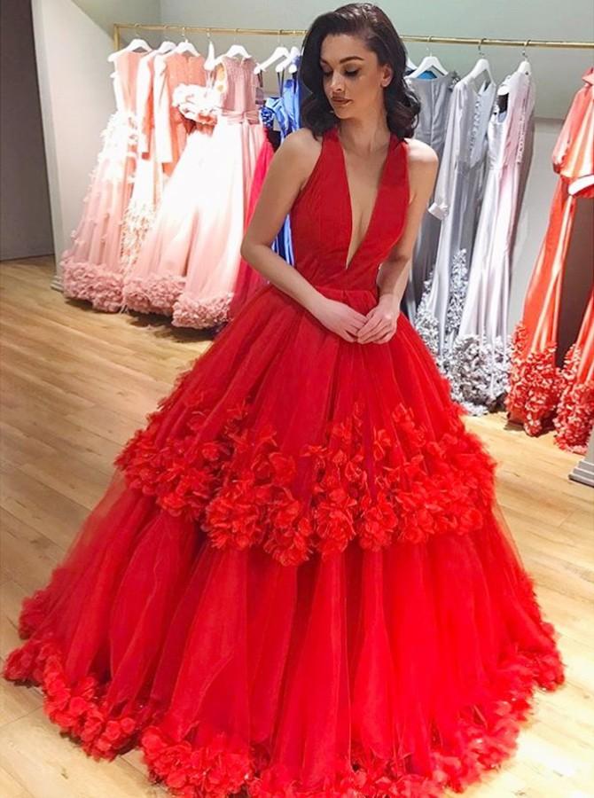 red ball gown plunging neckline handmade flowers prom dress