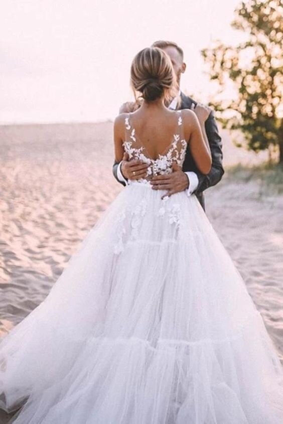 popular a line v neck tulle beach wedding dresses with appliqued
