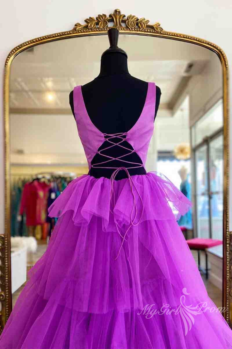 princess a line crew neck purple tiered tulle long prom formal dress