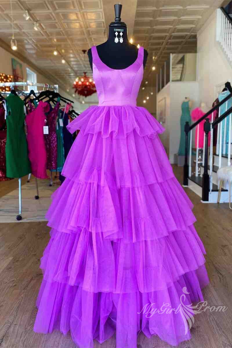 princess a line crew neck purple tiered tulle long prom formal dress