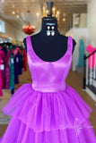princess a line crew neck purple tiered tulle long prom formal dress