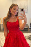princess a line long red tulle prom dresses with appliques long formal gown