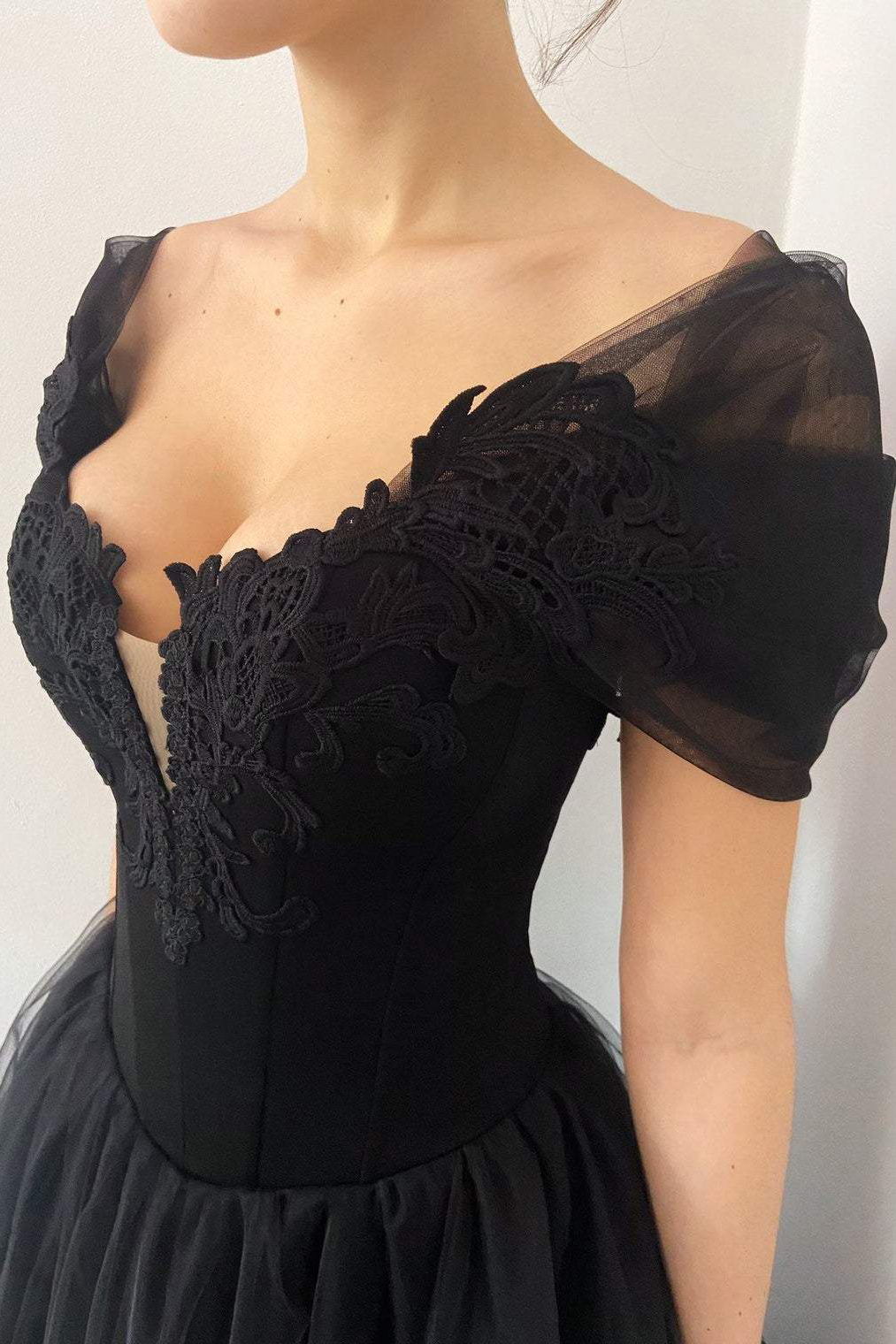 princess black gothic coret tulle prom dress elegant black formal gown