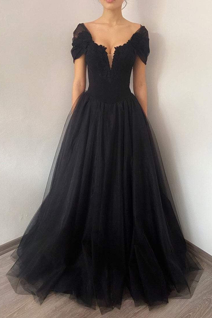 princess black gothic coret tulle prom dress elegant black formal gown