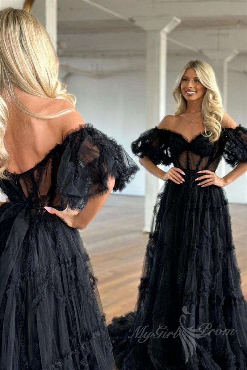 princess pink sheer tulle long prom dress with ruffles off shoulder puff sleeves formal gown